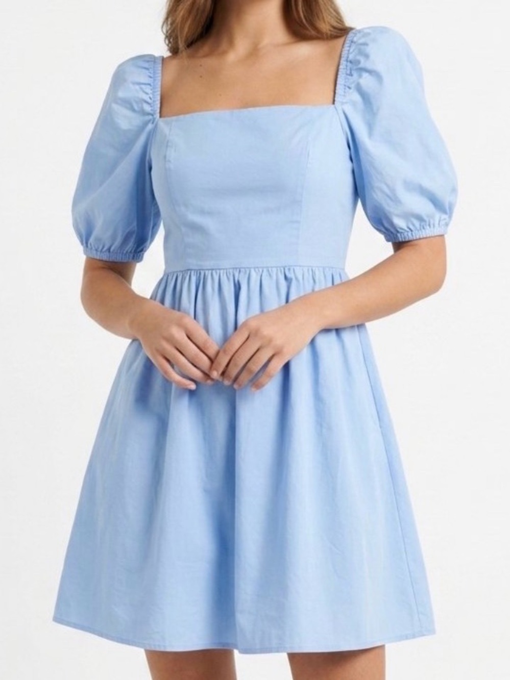 Copper Key Womens Small Blue Puff Sleeve Square Neck Mini Dress Smocked EXUC